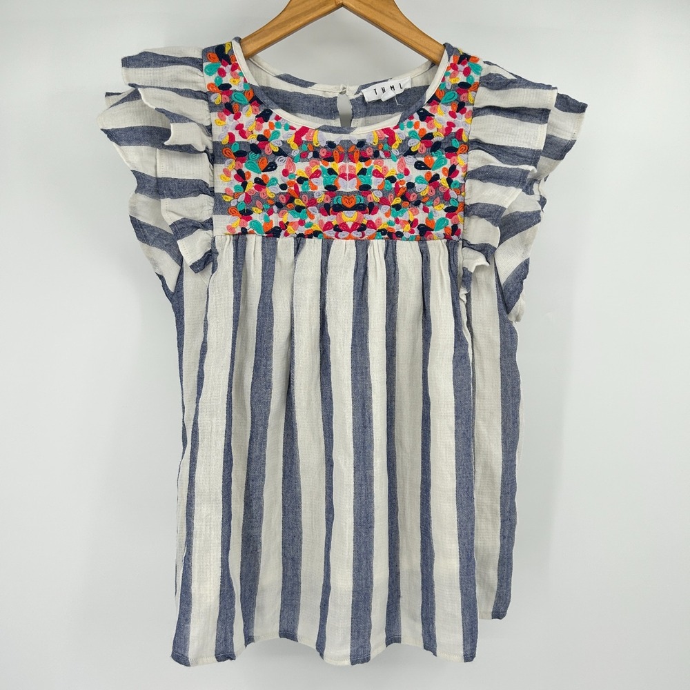 Cottage Boho Floral Embroidered Top Womens M Coastal Gypsy Hippe Flowy